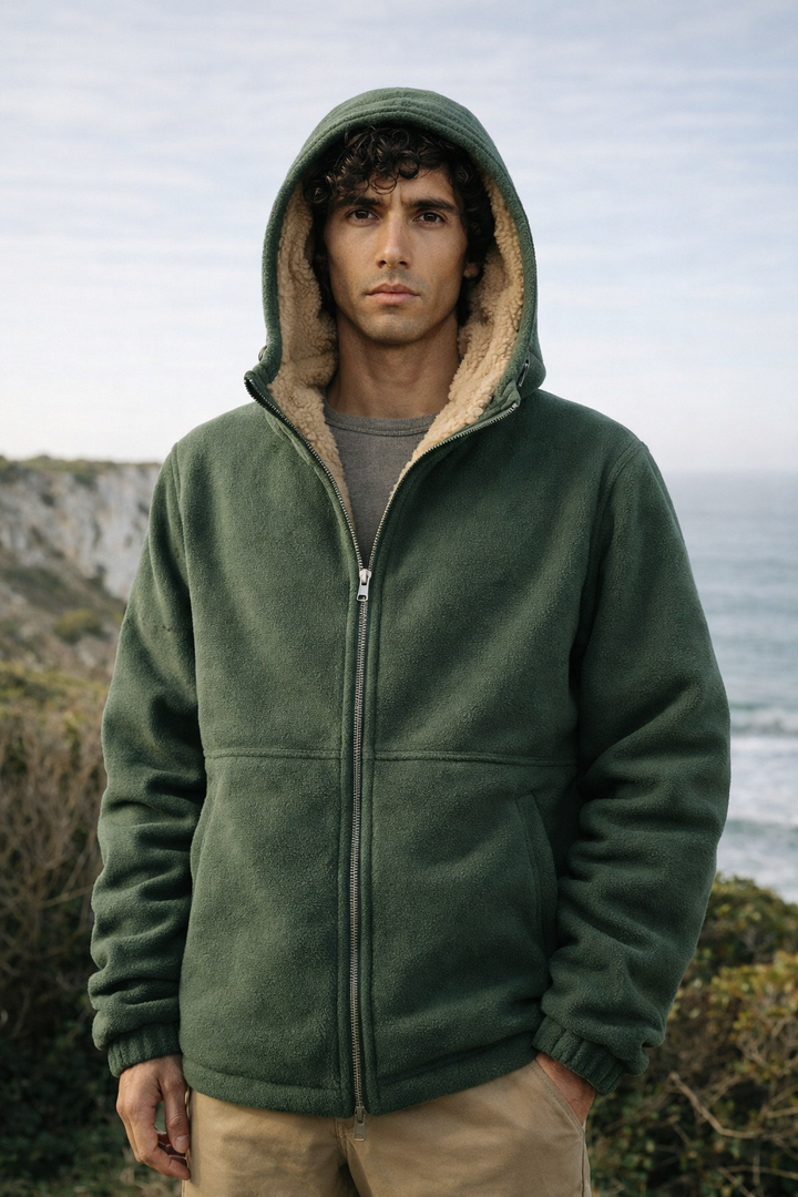 Grüne Herren Winterjacke mit Kapuze, warm und wetterfest für kalte Tage.