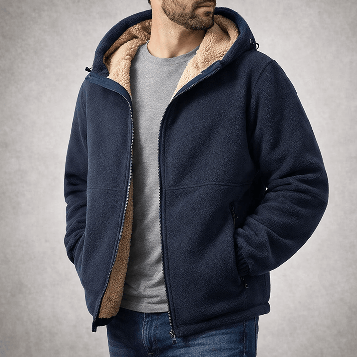 Elegante Herren Winterjacke, blau, mit Kapuze, Reißverschluss, warm und funktionell für den Alltag.