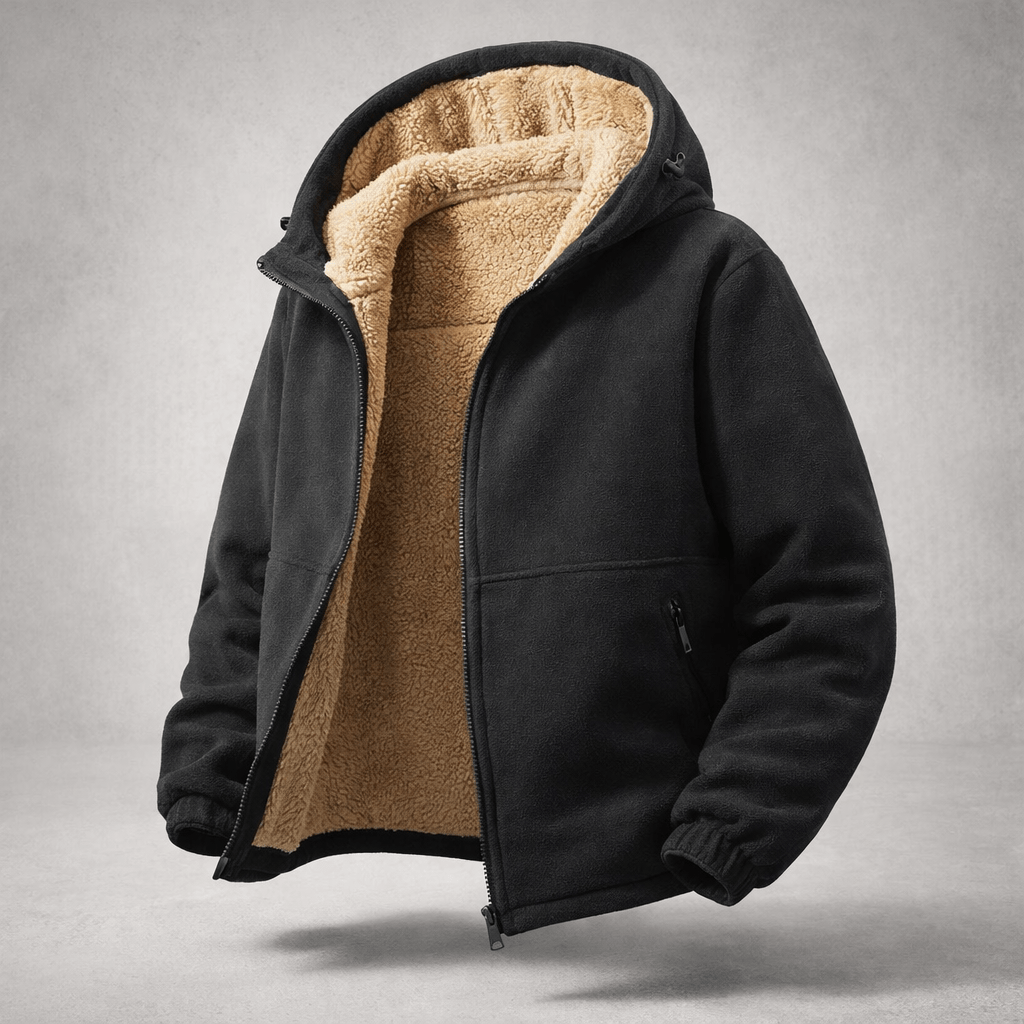 Alltags-Herrenjacke, schwarz, warm, mit Kapuze & Reißverschluss, perfekt für kühle Morgen.