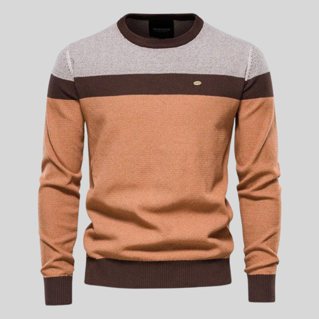 Orangefarbener Herren Langarm Pullover, Regular Fit, Rundhals. Ideal für entspannte Tage, zeitloses Basic Design.