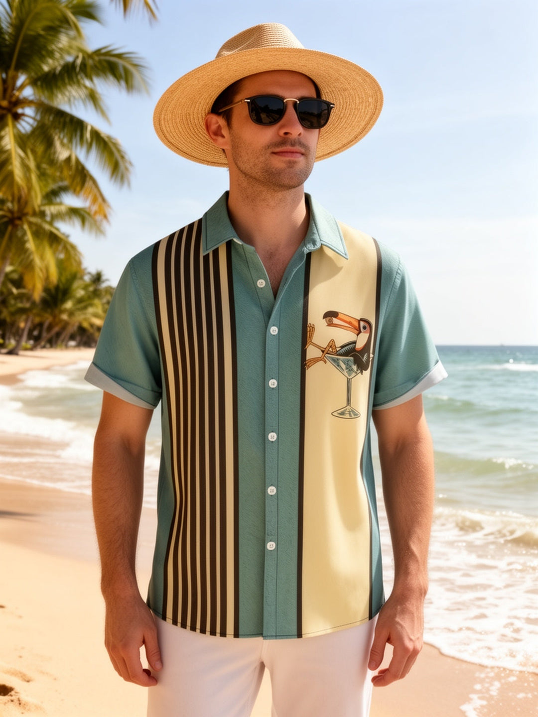 Grünes Herren Retro Strandhemd mit tropischem Print und Streifen, ideal für Sommerurlaub und Freizeit.