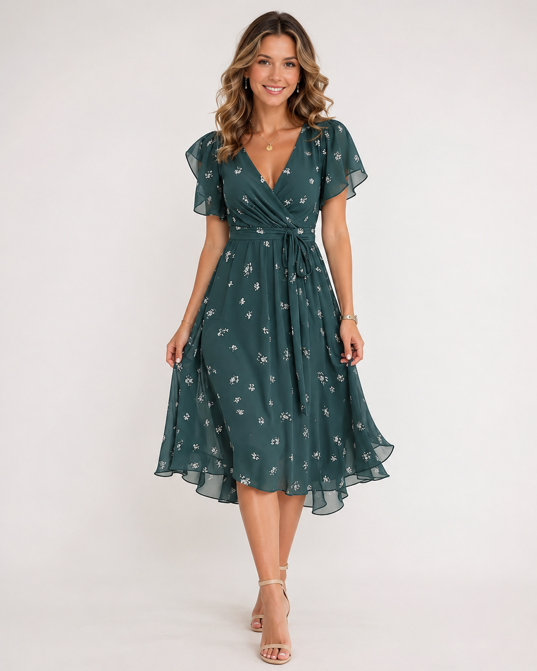 Grünes Retro Damen Midikleid in A-Linie mit V-Ausschnitt, ideal als elegantes Sommerkleid für den Alltag.