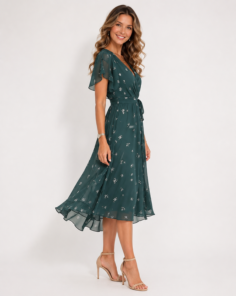 Elegantes grünes Damen Sommerkleid im Retro-Stil, kurzärmeliges Midikleid für vielseitigen Alltagskomfort.