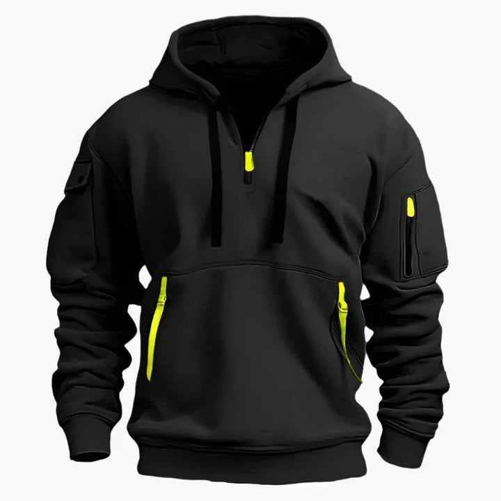 Bequemes Herren-Sweatshirt mit Half-Zip, Kapuze & Reißverschlusstaschen, ideal für Freizeit & Alltagskleidung.