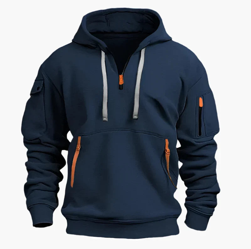 Casual Herren-Kapuzenpullover mit Half-Zip, Kapuze & Reißverschlusstaschen, bequem für Sport & Freizeitkleidung.