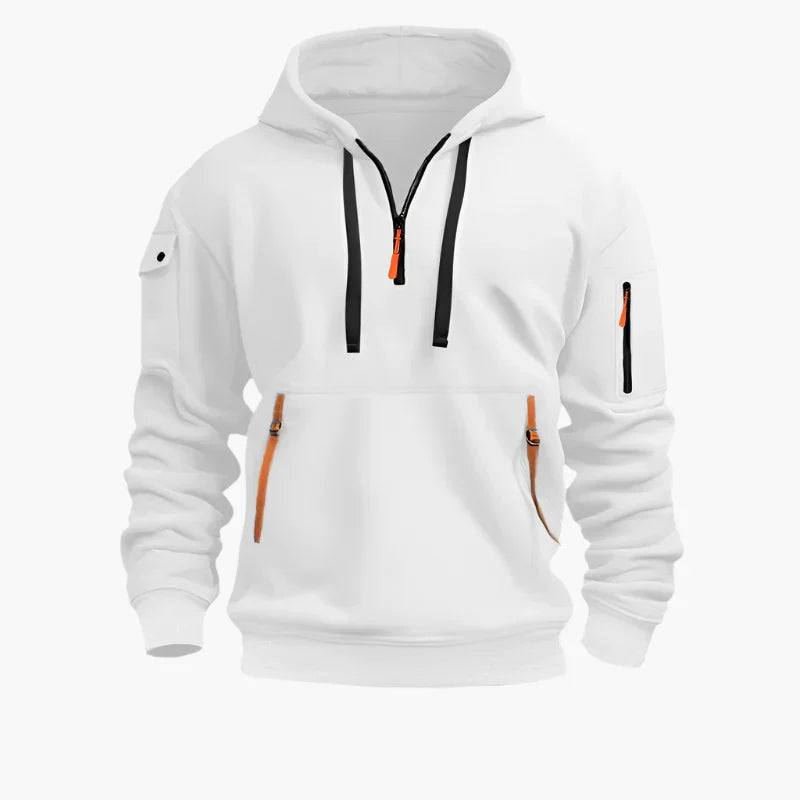 Herrenmode: Moderner Half-Zip-Hoodie mit Reißverschlusstaschen & Kapuze, perfekt für den Utility-Look & Alltag.