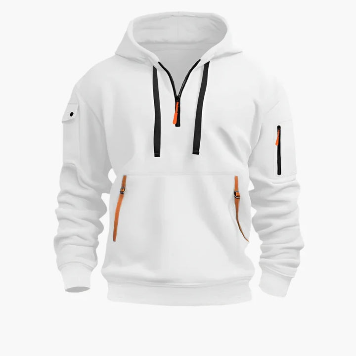 Herrenmode: Moderner Half-Zip-Hoodie mit Reißverschlusstaschen & Kapuze, perfekt für den Utility-Look & Alltag.