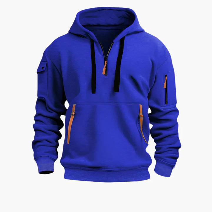 Robuster Alltags-Hoodie für Herren mit Half-Zip, Kapuze & praktischen Reißverschlusstaschen, bequem & stylish.