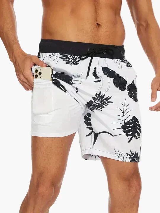 Schnelltrocknende Herren Badeshorts mit tropischem Muster und Kompressionsshorts, perfekt für Strand & Sommer.