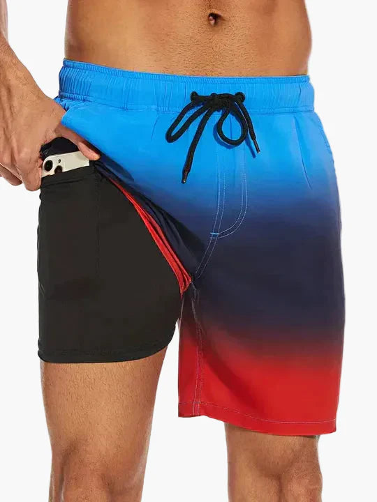 Stilvolle Herren Badeshorts im tropischen Design, mit Kompression, für Strand, Sport und Freizeit.