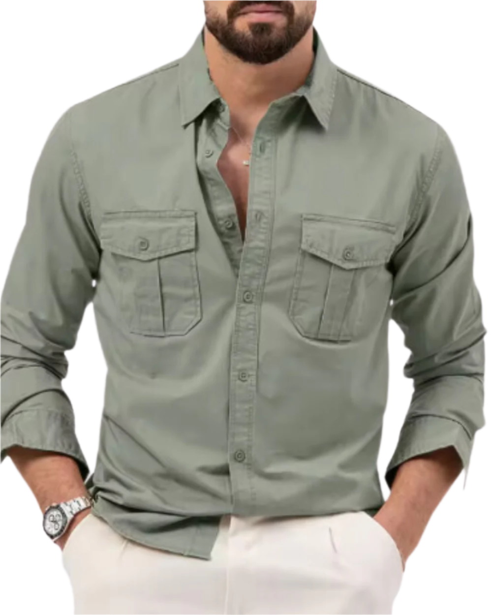 Modernes Herren Cargo-Shirt in neutralem Farbton, perfekt für vielseitige Outdoor-Looks & Alltagskleidung.