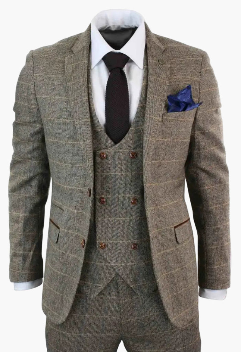 Herren Dreiteiler Anzug im Vintage Karomuster für elegante Business- und Hochzeitsauftritte.