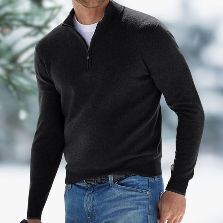 Stylischer Herren-Feinstrickpullover mit Reißverschluss und Stehkragen, ideal für den Business-Look.