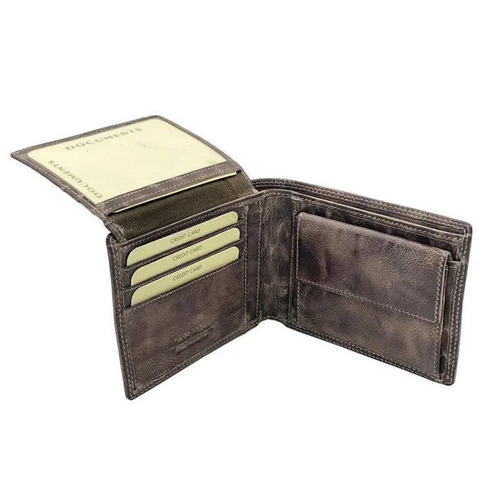 Braune Herren Brieftasche aus Echtleder im Vintage-Look mit RFID-Schutz und Münzfach.