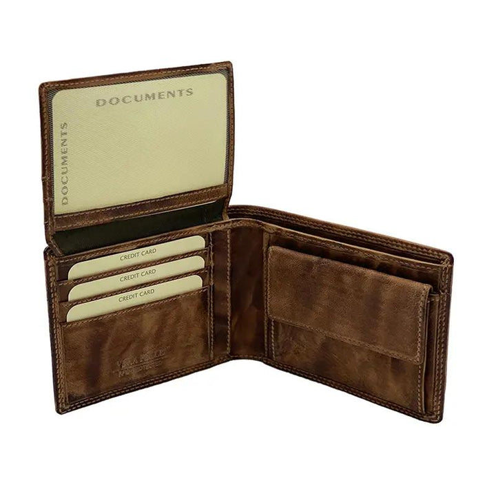 Stilvolles Herren Leder Portemonnaie, RFID-Schutz, Münzfach, Vintage-Look in Braun.