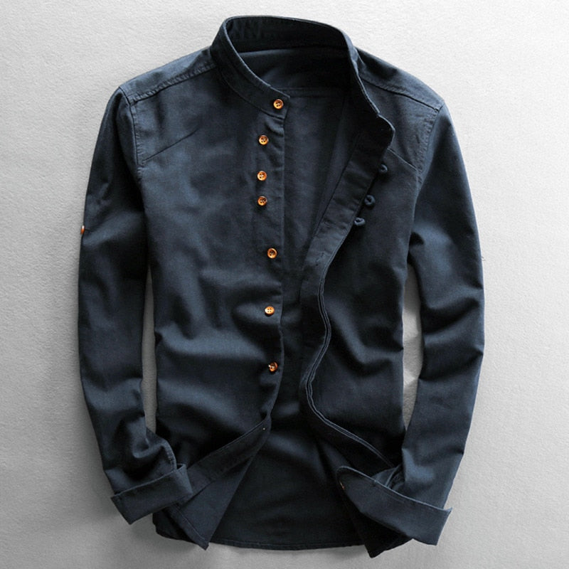 Herren Hemd mit lockerem Schnitt und Mandarin Kragen in Marineblau, ideal für Freizeit & Business Casual Looks.
