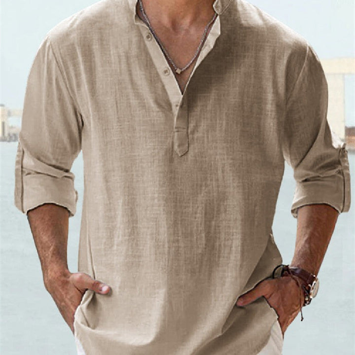 Herren Henley-Hemd mit Stehkragen, Langarm. Lässiges Freizeit- & Urlaubs-Hemd für Männer.