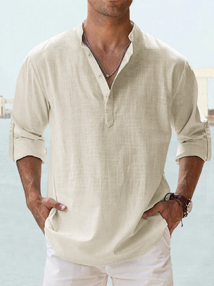 Sommerliches Herren Henley-Hemd (ACL18) mit Stehkragen. Langarm, lässig für Freizeit & Urlaub.