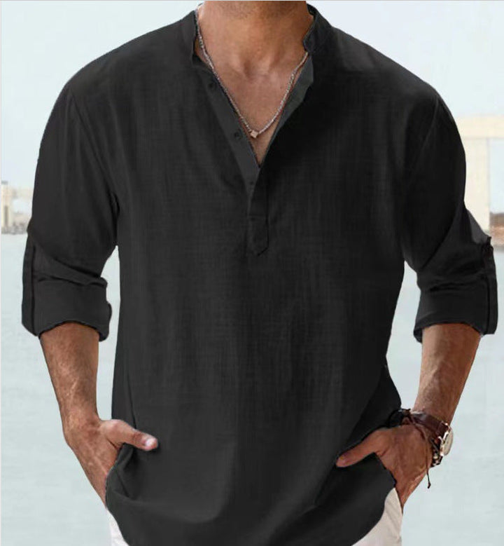 Männerbekleidung: Stilvolles Henley-Hemd mit Stehkragen. Langarm, lässig, für Freizeit & Sommer.
