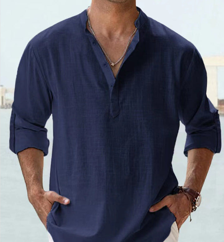 Lässiges Herren Henley-Hemd mit Stehkragen. Langarm-Design, ideal für Freizeit, Urlaub & Sommer.