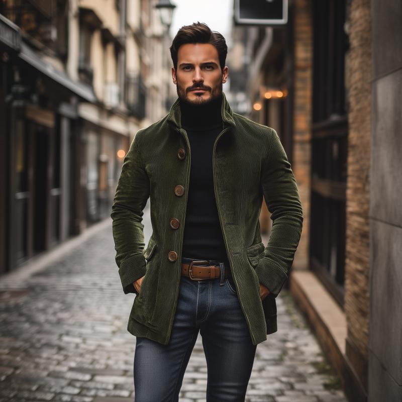 Moderne Herren Übergangsjacke, schwarz, mit elegantem Stehkragen und durchgehendem Knopfverschluss.
