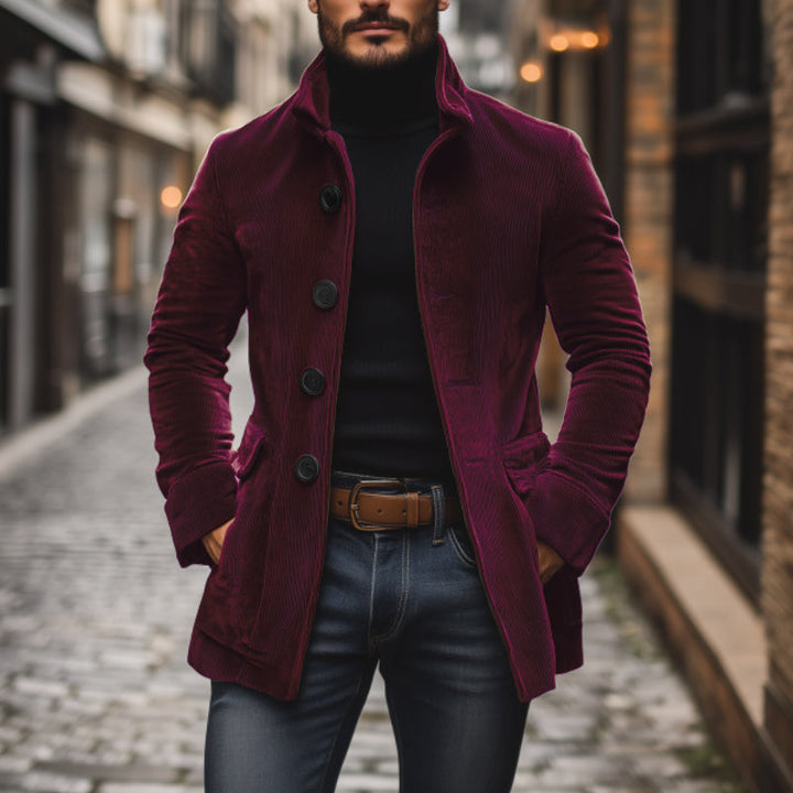 Elegante Herren-Herbstjacke in Dunkelgrau, mit Stehkragen und Frontknöpfen, vielseitig kombinierbar.