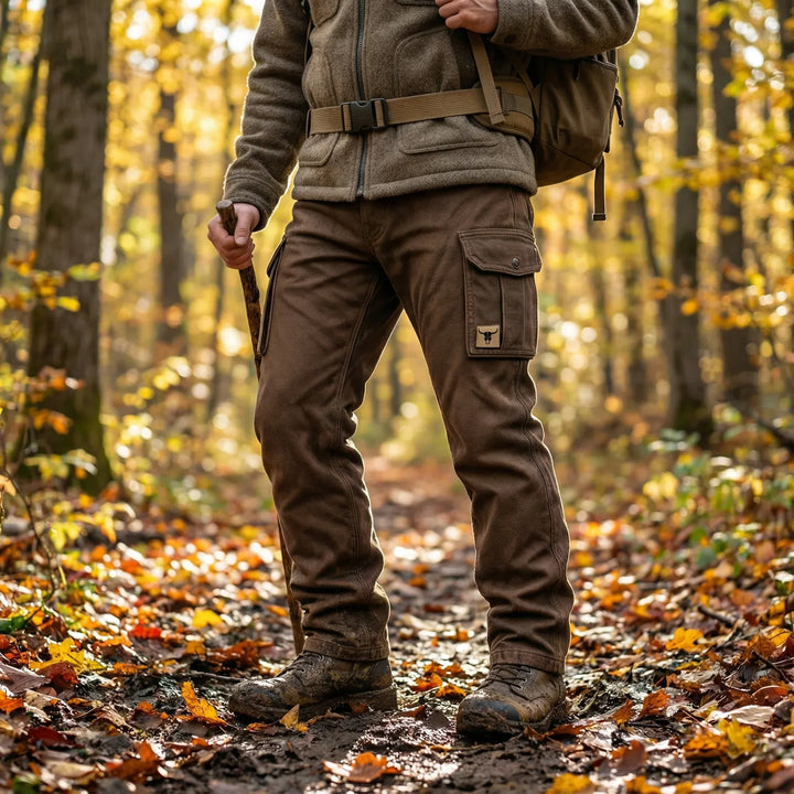 Robuste Herren Cargo-Utility-Hose mit praktischen Taschen. Isoliert und funktional für Outdoor-Abenteuer im Herbst.