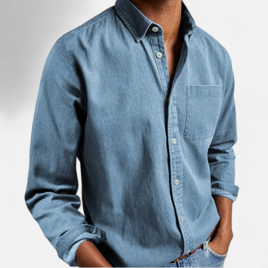 Modisches Herren-Langarm-Denimhemd mit Brusttaschen, Button-Down-Kragen, vielseitig.