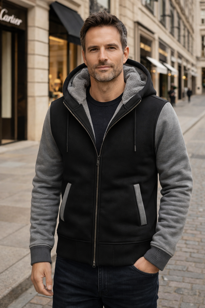 Vielseitige Herren Kapuzenjacke für den Alltag, sportlich-elegant, mit Reißverschluss, in Grau.