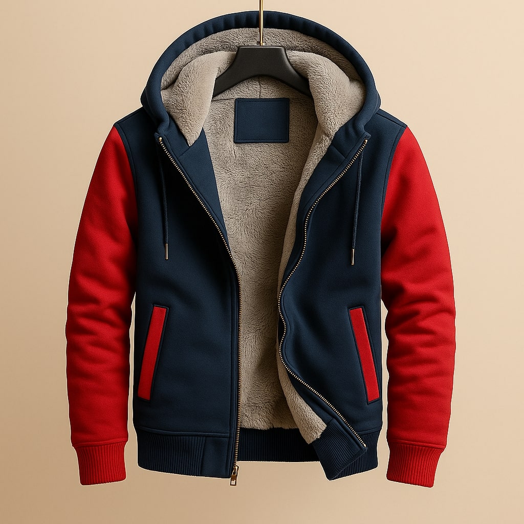 Mann trägt bequeme Herren Kapuzenjacke in Blau, sportlich für Outdoor & Alltag.