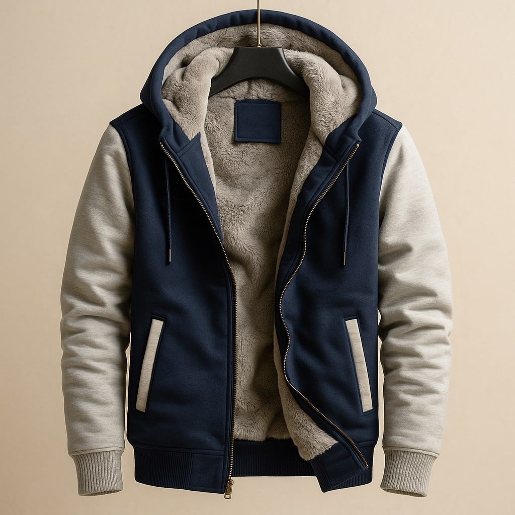 Rückansicht einer sportlichen Herren Kapuzenjacke, warm & komfortabel, für Herbst & Winter.