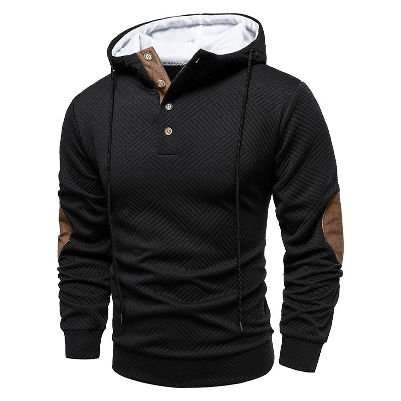 Stylischer Herren Pullover mit Kapuze und dezenter Knopfleiste, perfekt für Herrenmode.