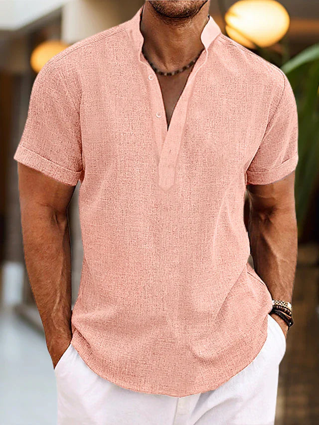 Herren Kurzarm Henley Shirt in Beige, atmungsaktiv & vielseitig, perfekt für Sommer & Freizeit.