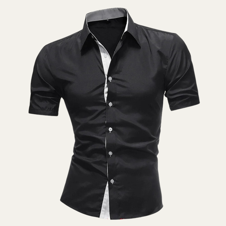 Schwarzes lässiges Herren Kurzarmhemd Regular Fit. Modernes Sommerhemd mit strukturiertem Kragen.