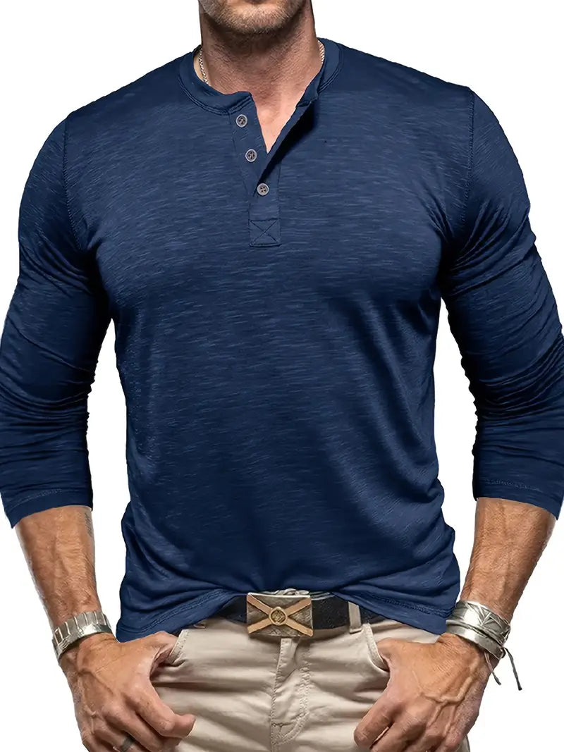 Herren Langarm Henley T-Shirt mit Knopfleiste, perfekt zum Schichten unter Jacken und Westen.