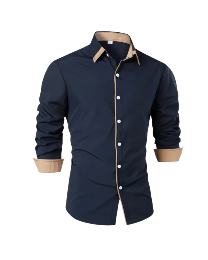 Detailansicht Kragen und Knopfleiste des eleganten Herren Langarm Poloshirts Klarzug, Modern Fit.