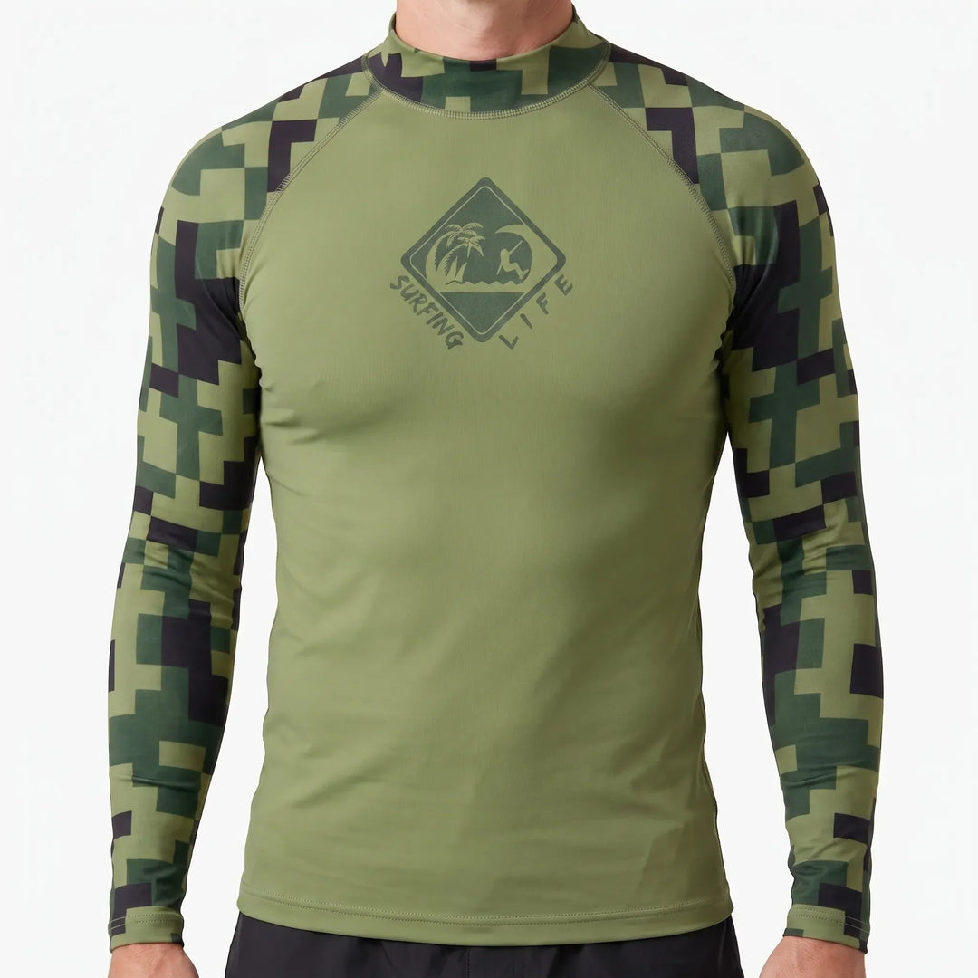 Herren Rashguard Langarm mit UV-Schutz 50+, ideal für Schwimmen, Surfen und alle Wasseraktivitäten.