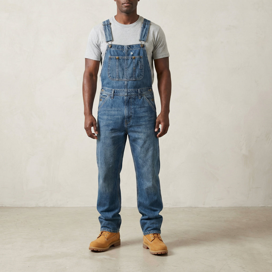 Herren Latzhose mit modernen Spleißdetails für Streetwear und lässige Alltagsmode.