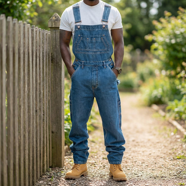 Stylische Herren Latzhose im Workwear-Stil mit Spleißdetails; bequeme Casual Mode für den modernen Mann.