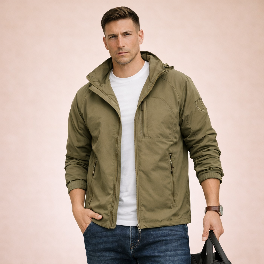 Rückenansicht der Herren Übergangsjacke, Regular Fit, vielseitiger Casual-Stil für Frühling.