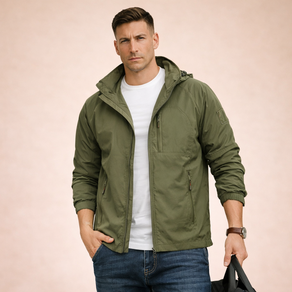 Mann trägt leichte Herren Übergangsjacke, bequemer Regular Fit, perfekt für Casual-Look im Frühling.