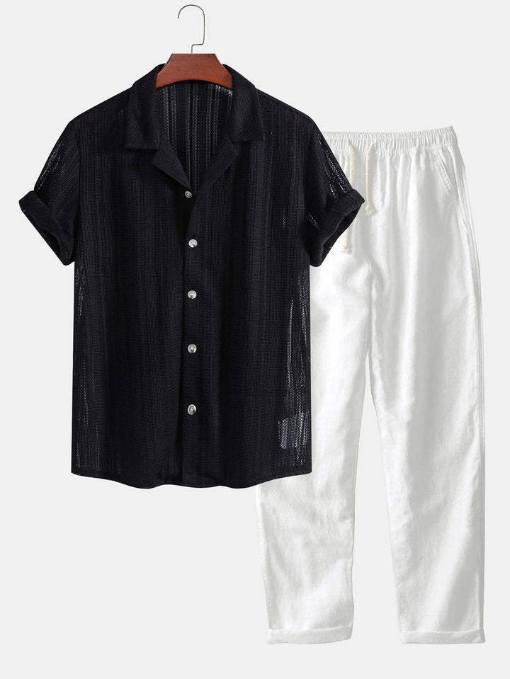 Gefaltetes Herren Leinenhemd & Hose Set. Kompaktes Sommer-Kombiset, leicht und ideal für Reisen & Urlaub.
