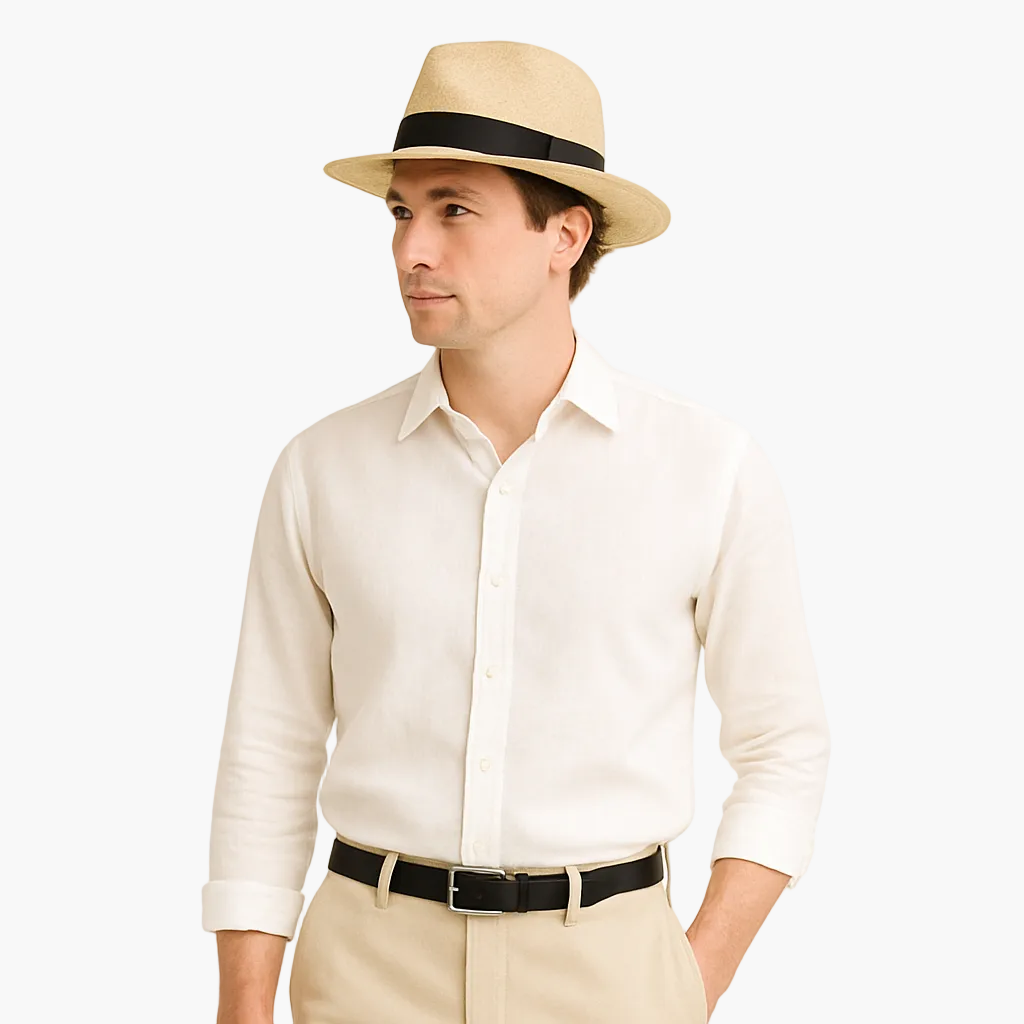 Herren Panamahut, klassisch elegant, aus hellem Stroh, idealer Sonnenschutz für den Sommer und stilvolle Auftritte.