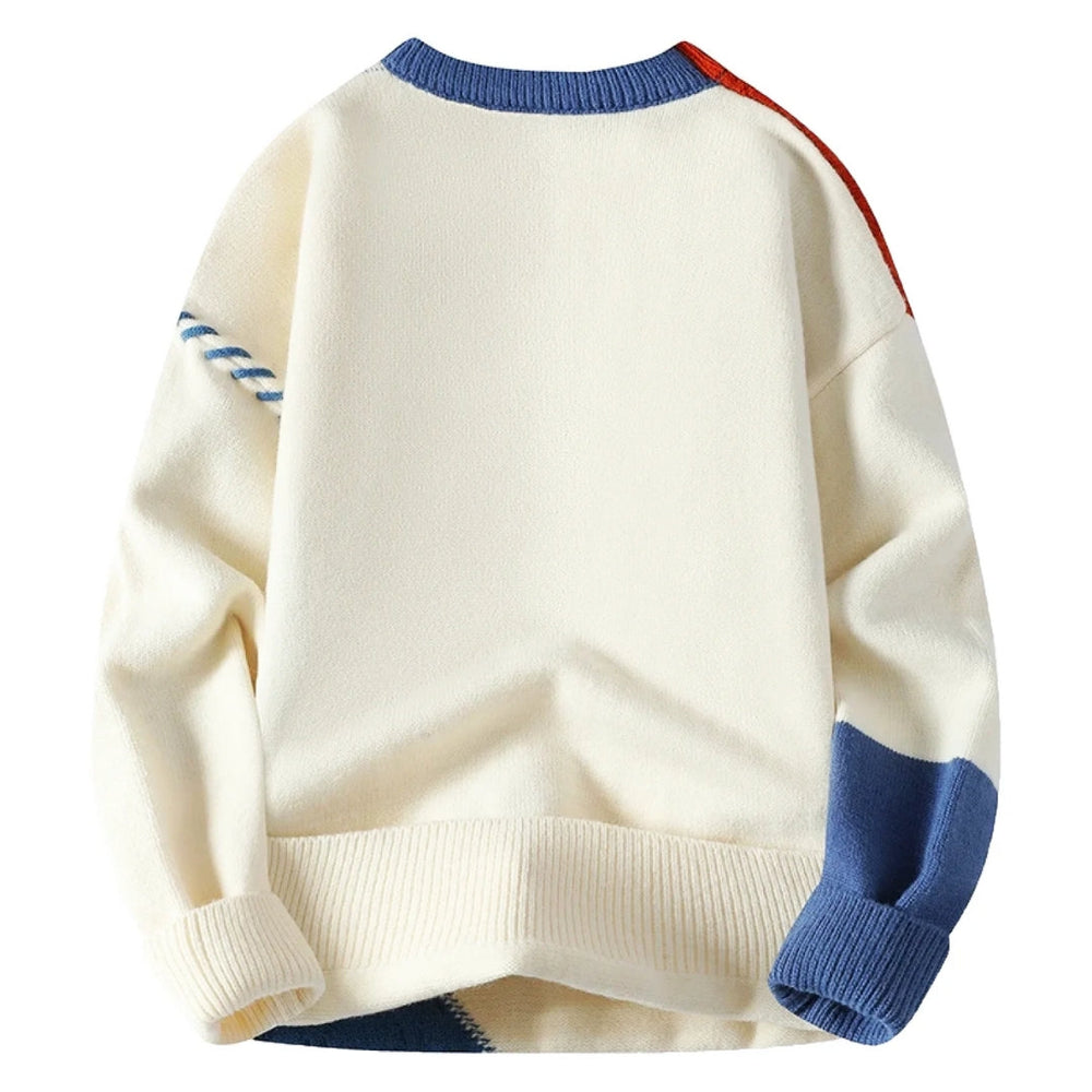 Moderner Herren Langarm-Pullover im Patchwork-Stil, bequem für herbstliche und winterliche Herrenmode.