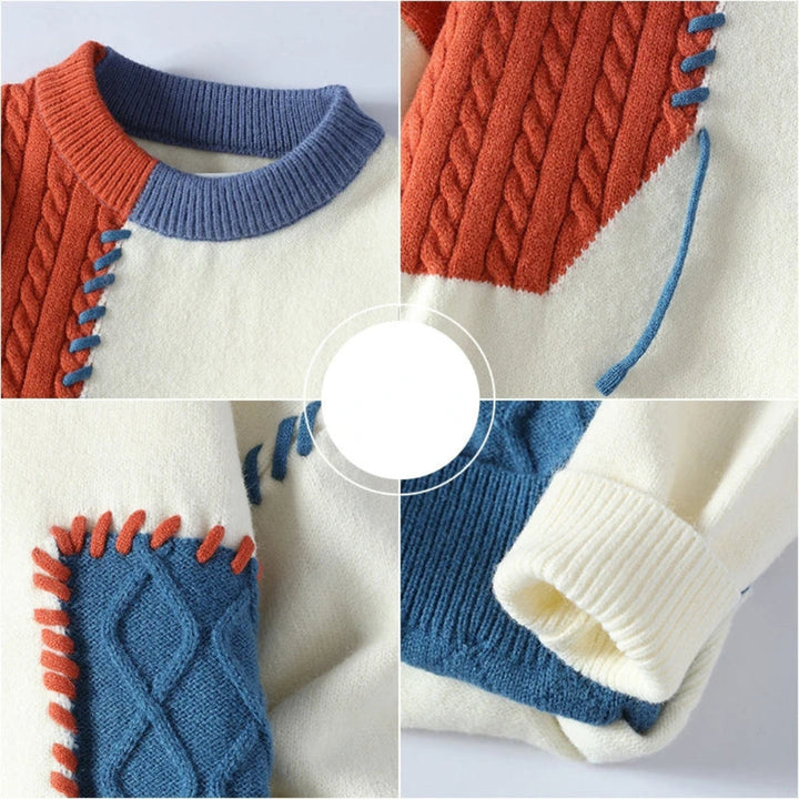 Detailaufnahme eines bequemen Herren Patchwork-Pullovers mit einzigartiger Textur und Farbmischung.