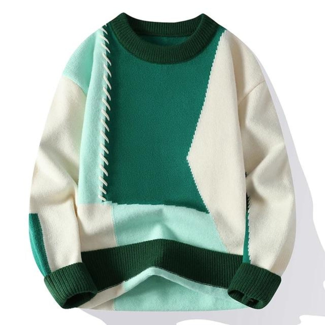 Einzigartiger Herren Pullover mit auffälligem Patchwork-Muster für kreative Statement-Looks und individuelle Styles.
