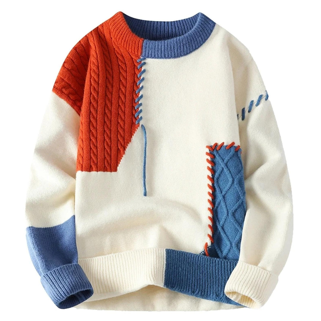 Herren Patchwork-Pullover mit künstlerischem Design, ideal für einzigartige Freizeitlooks im Herbst und Winter.