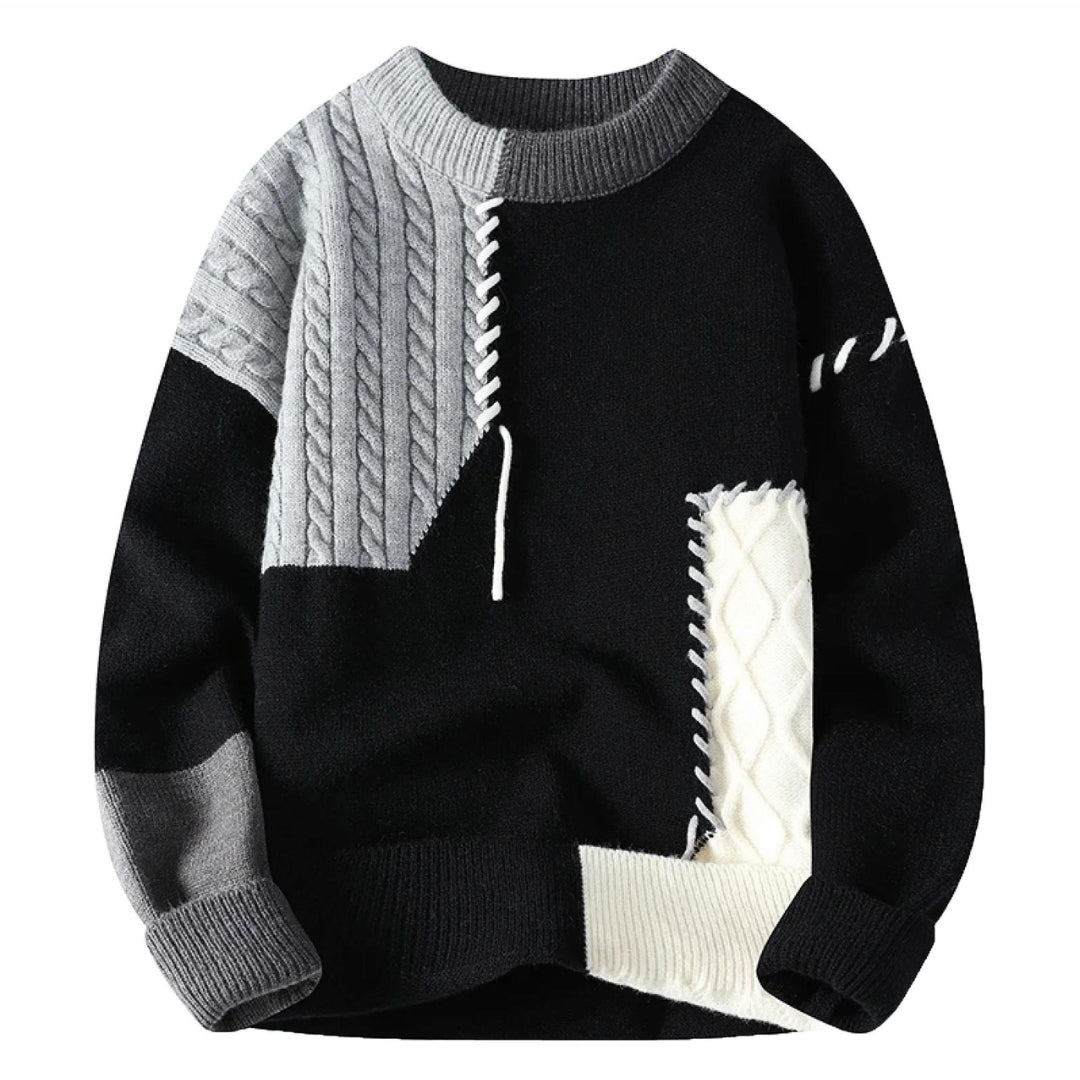 Stylischer Herren Patchwork-Pullover in entspannter Passform, perfekt für herbstliche Outfits und Freizeitmode.