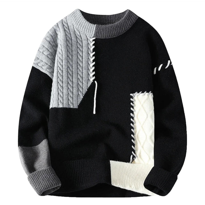 Stylischer Herren Patchwork-Pullover in entspannter Passform, perfekt für herbstliche Outfits und Freizeitmode.