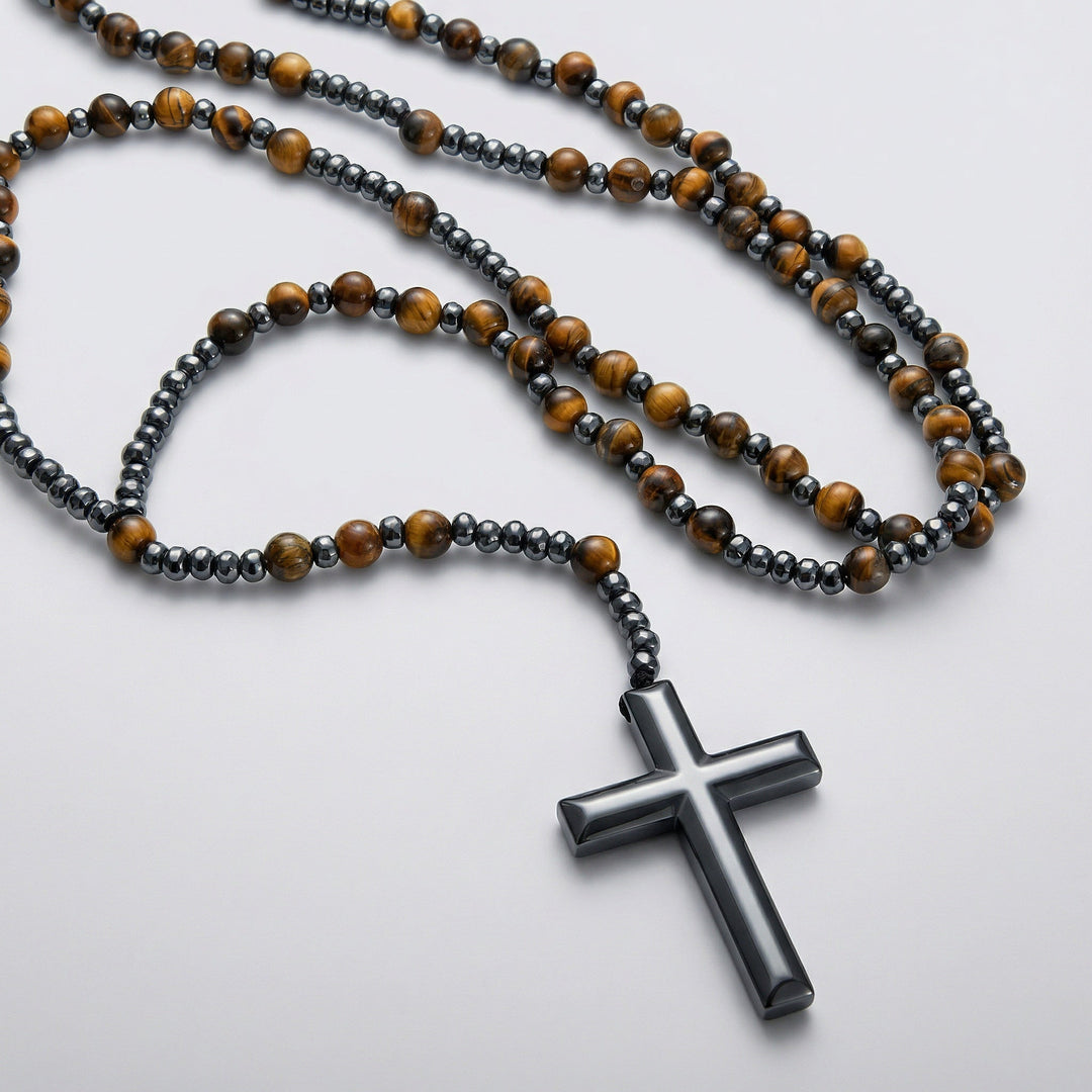 Herren Rosenkranz-Kette aus Natursteinperlen (Tigerauge, Lapislazuli) mit Kreuz-Anhänger.